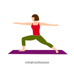 Cute slim woman in Virabhadrasana II or Warrior Pose. Woman standing in yoga asana. Hatha yoga posture. Girl performing gymnastics exercise during fitness workout. Vector illustration.