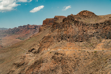 View of the canyon from Degollada de La Yegua viewpoint on San Bartolome de Tirajana, Gran Canaria island in tropical Canary island, Spain in Atlantic ocean. 