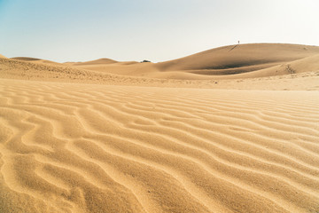 Fototapeta na wymiar Low shot sand dunes in Maspalomas, Las Palmas of Gran canaria, tropical Canary island in Atlantic ocean, Spain, people in distance