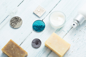 hygiene and beauty product samples, powder compact, spray, soap, moisturizer