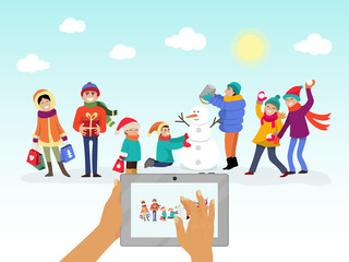 Fototapeta premium Happy family photo vector illustration. Parents and kids together on portrait. Photography of family in winter park