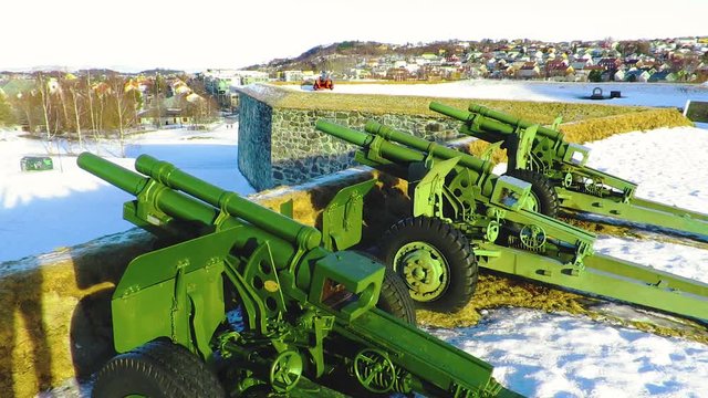 War canons on top of a fortress. Weaponry exponents for show at a historical location in Trondheim Norway.