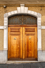 elegant wooden door with golden knockers