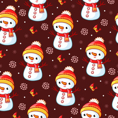 Vector seamless illustration on a Christmas theme with a snowman and snowflakes on a brown background. Christmas theme.