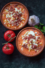 Salmorejo, typical Spanish food served in clay dishes on dark background
