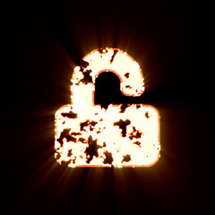 Symbol unlock burned on a black background. Bright shine © Video Render