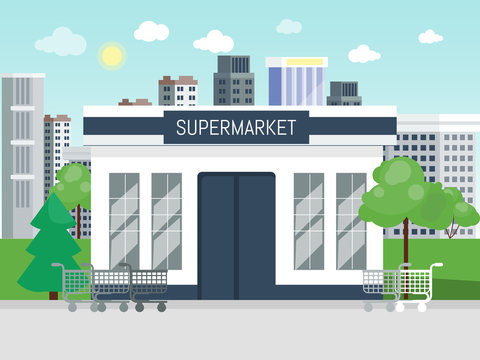 Supermarket Building Entrance Concept Vector Illustration. Super Market Or Grocery Store Facade. Big Food Store Exterior.