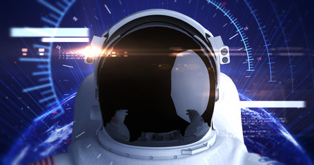 Astronaut Flying In Space With Futuristic Helmet. Computer Codes Around. Planet Earth Is Orbiting On Background. Technology Related 3D Illustration Render