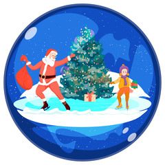 Santa Claus on skates gives gifts to children on the rink near Christmas tree. Holidays and winter holidays Winter outdoor activities. Concept of a souvenir glass ball.
