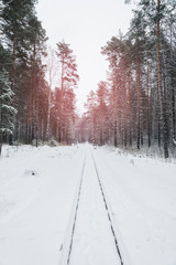 Railways through beautiful winter forest. Winter lanscape with heavy snowfall.