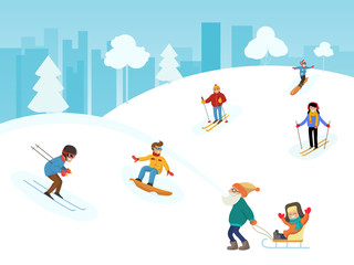 Fototapeta premium Urban winter landscape with people vector illustration. Winter background with people in snowy park. Happy children and families are skating, sledding, skiing
