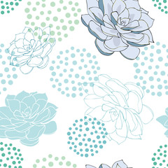 Seamless pattern with blue succulent flowers and dots