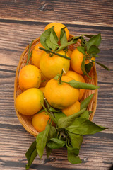 A few yellow tangerines on a twig with green leaves in a wicker basket on a wooden background. Autumn harvest. Modern agriculture. For a sweet treat. Close up.