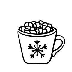 Hand drawn illustration. Marshmallow  mug, snowflake, lines on white  background, isolated, sketch, Doodle