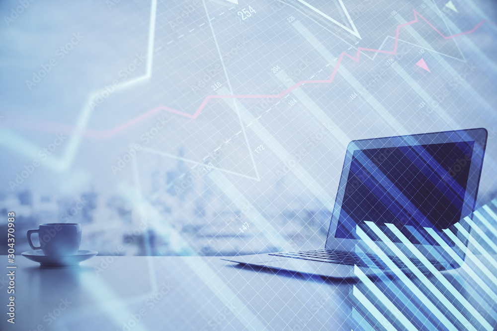 Poster Stock market graph on background with desk and personal computer. Double exposure. Concept of financial analysis.