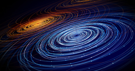 Abstract Digital Lines Flowing. Creative Technology Related Background Render. Shiny Glowing Shapes With Particle Effects. 3D Illustration Render