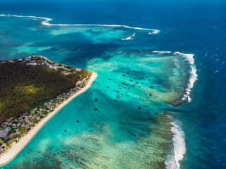 Luxury beach in Mauritius. Beach with ocean. Aerial view
