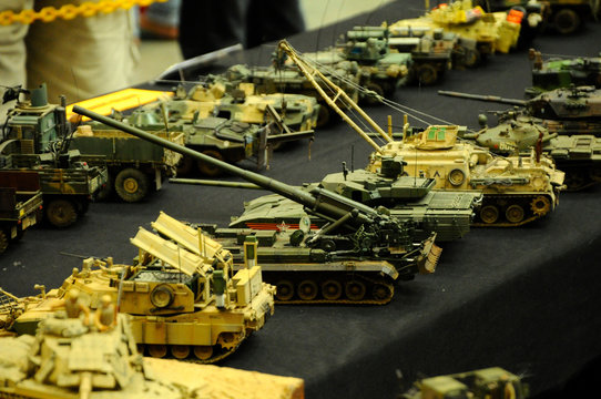 KUALA LUMPUR, MALAYSIA -OCTOBER 6, 2018: Selected focused miniature model of military tanks and amour vehicles. Display for public by collector.
