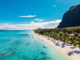 Foto auf Acrylglas Le Morne, Mauritius Luxusstrand mit Berg in Mauritius. Sandstrand mit Palmen und Ozean. Luftaufnahme