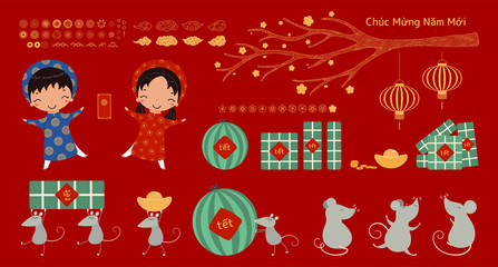 Set of Tet design elements, kids in ao dai, rats, tree branch, gold, rice cakes, watermelon, fireworks, flowers, Vietnamese text Happy New Year. Hand drawn vector illustration. Flat style. Isolated.