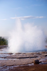 Geysir destrict in the south of Iceland.The Strokkur Geyser erupting at the Haukadalur geothermal area, part of the golden circle, Iceland, Europe