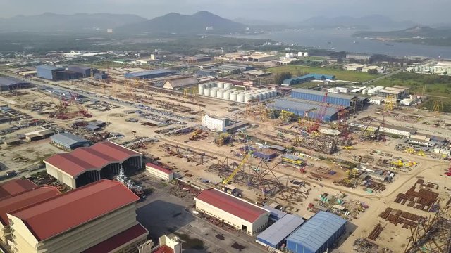 Aerial view of shipyard and construction site in Lumut, Perak Malaysia.