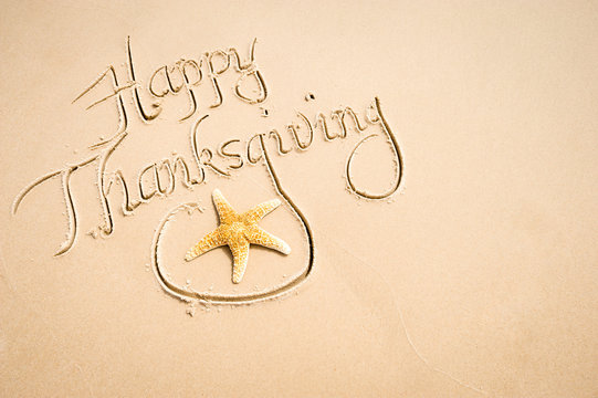 Happy Thanksgiving message with decorative starfish handwritten on smooth sand beach copy space