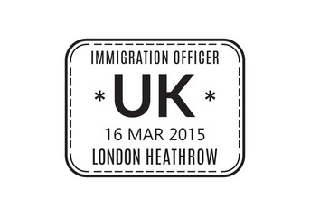 UK Passport stamp. United Kingdom visa stamp for travel. London international airport grunge sign. Immigration, arrival and departure symbol. Vector illustration.