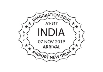 India Passport stamp. Visa stamp for travel. Delhi international airport grunge sign. Immigration, arrival and departure symbol. Vector illustration.