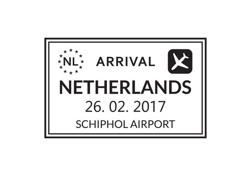 Netherlands passport stamp. Holland visa stamp for travel. Amsterdam international airport grunge sign. Immigration, arrival and departure symbol. Vector illustration.
