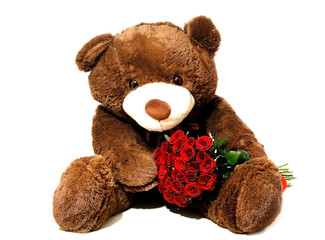 Brown teddy bear. Heart. Present. Celebration. Valentine's Day.