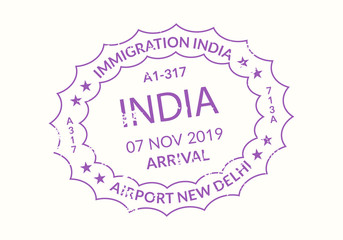 India Passport stamp. Visa stamp for travel. Delhi international airport grunge sign. Immigration, arrival and departure symbol. Vector illustration.