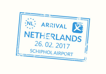 Netherlands passport stamp. Holland visa stamp for travel. Amsterdam international airport grunge sign. Immigration, arrival and departure symbol. Vector illustration.