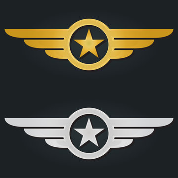 Star with wings logo. Military and Army winged badges. Golden and Silver Aviation emblems. Vector illustration.