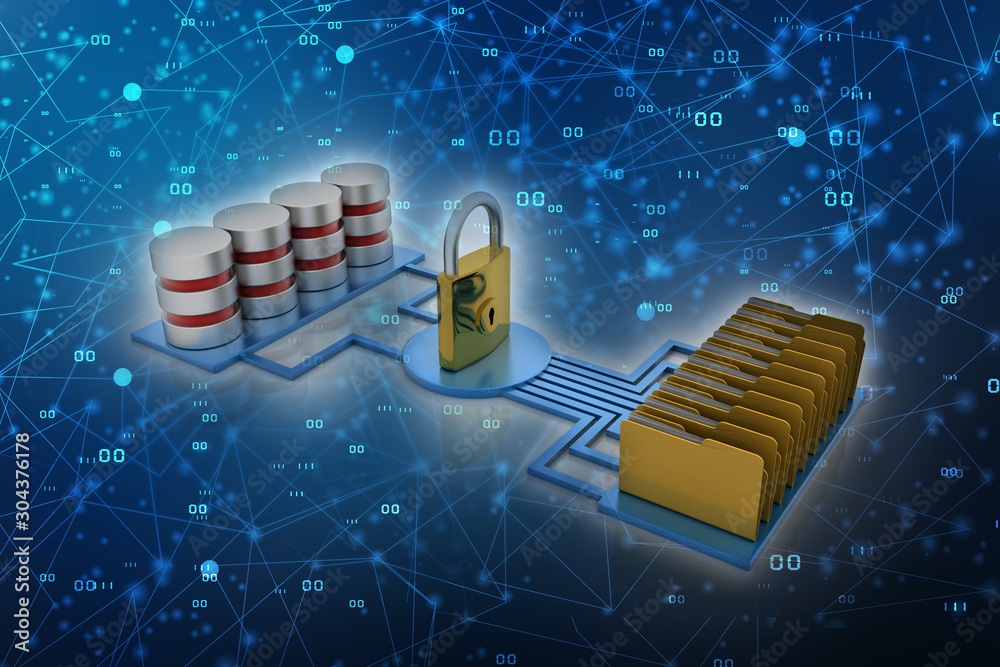 Poster yellow folder and lock. data security concept. 3d rendering