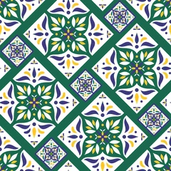 Tapeten Parkettbodenfliesen-Mustervektor nahtlos mit Keramikdruck. Vintage-Mosaik-Motiv-Textur. Arabischer Majolika-Hintergrund für Küchenboden oder Badezimmerbodenwand. © irinelle