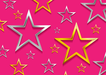 Golden and silver stars on bright pink background. Abstract vector design