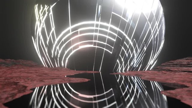 Alien sphere shaped space craft rotates from behind a alien landscape