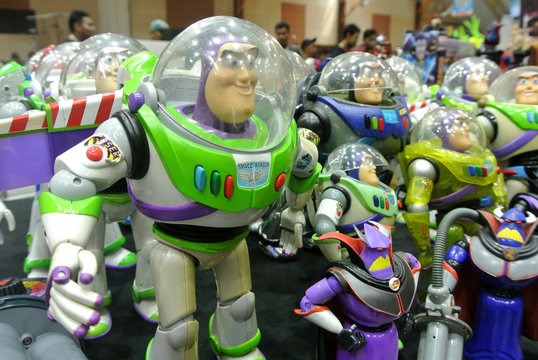KUALA LUMPUR, MALAYSIA -OCTOBER 5, 2018: Buzz Lightyear the Space Ranger superhero fictional action figure from Toy Story franchise movie and TV series. Display by collectors for public. 