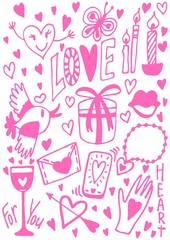 Love elements vector illustration hearts birdies gifts ornaments hand drawing