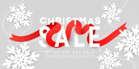 Merry Christmas vector illustration design card template with 3d white snowflakes, red ribbon on grey background with copy space