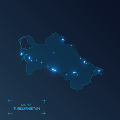 Turkmenistan map with cities. Luminous dots - neon lights on dark background. Vector illustration.