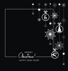 Christmas, New Year's frame with  toys, snowflakes, stars. Festive background, postcard, poster. Happy winter holidays. Christmas and New Year decorations.	