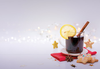 Christmas Cookies with garland and mulled wine isolated.