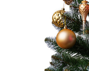 New Year background. Isolated Christmas ball on branch of spruce tree