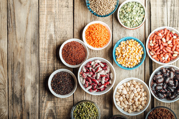Super food. seeds and beans assortment on a rustic background. top view copy space. Vegetarians.