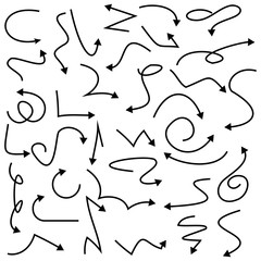 Black drawn arrows. Set of curves of isolated arrows on a white background. Vector illustration. EPS 10