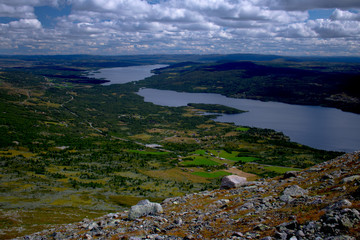 Wide view of lakes Storevatnet and Tisleifjorden from Skogshorn mountain in Hemsedal, Norway