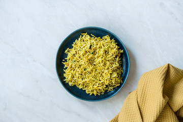 Indian Food Yellow Curry Jeera Zira Rice Basmati Pilaf or Pilav.