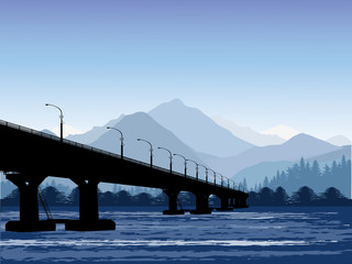 black bridge accross river to grey hills